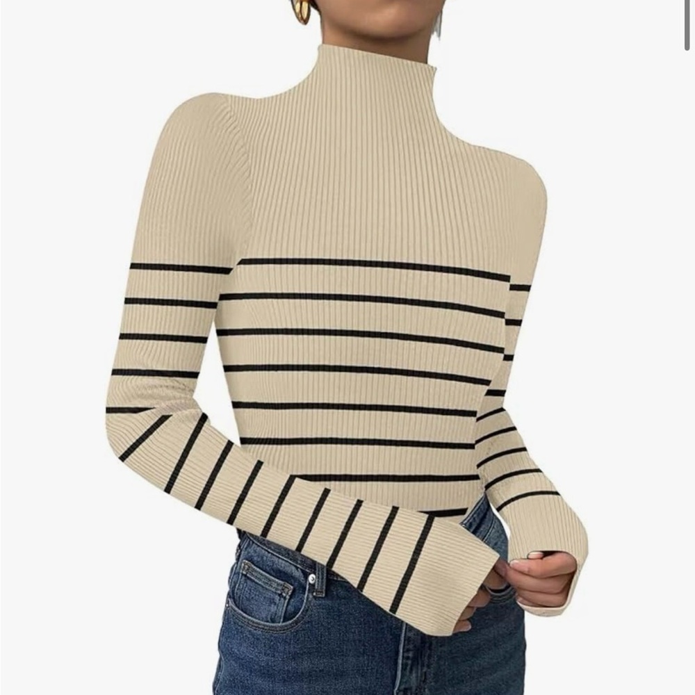 Striped Beige & Black Mock necklace Sweater